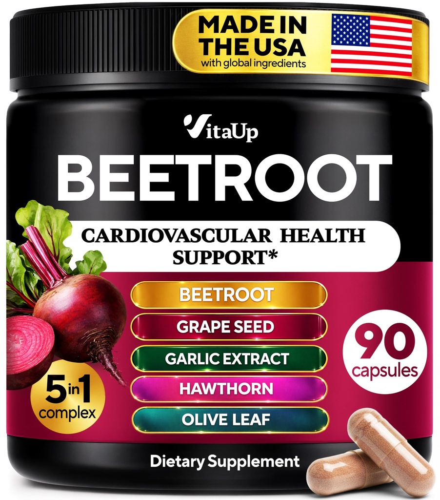 VitaUp Beet Root Capsules - USA Made Beetroot Supplement for Normal Circulation, Nitric Oxide & Heart Support - 5-in-1 Beets with Grape Seed, Garlic Extract, Hawthorn Berry, Olive Leaf - 90 Vegan Caps