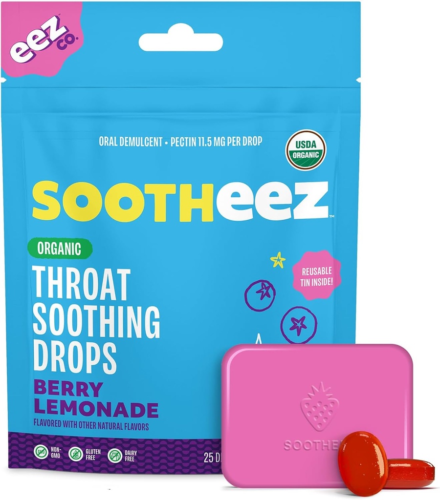 Sootheez Orgaaniline kurgu rahustav tilgad täiskasvanutele, Berry Lemonade, 25 Count, korduvtäidetav, Great Maitse tilgad, mis Sooth Valutavad Throats