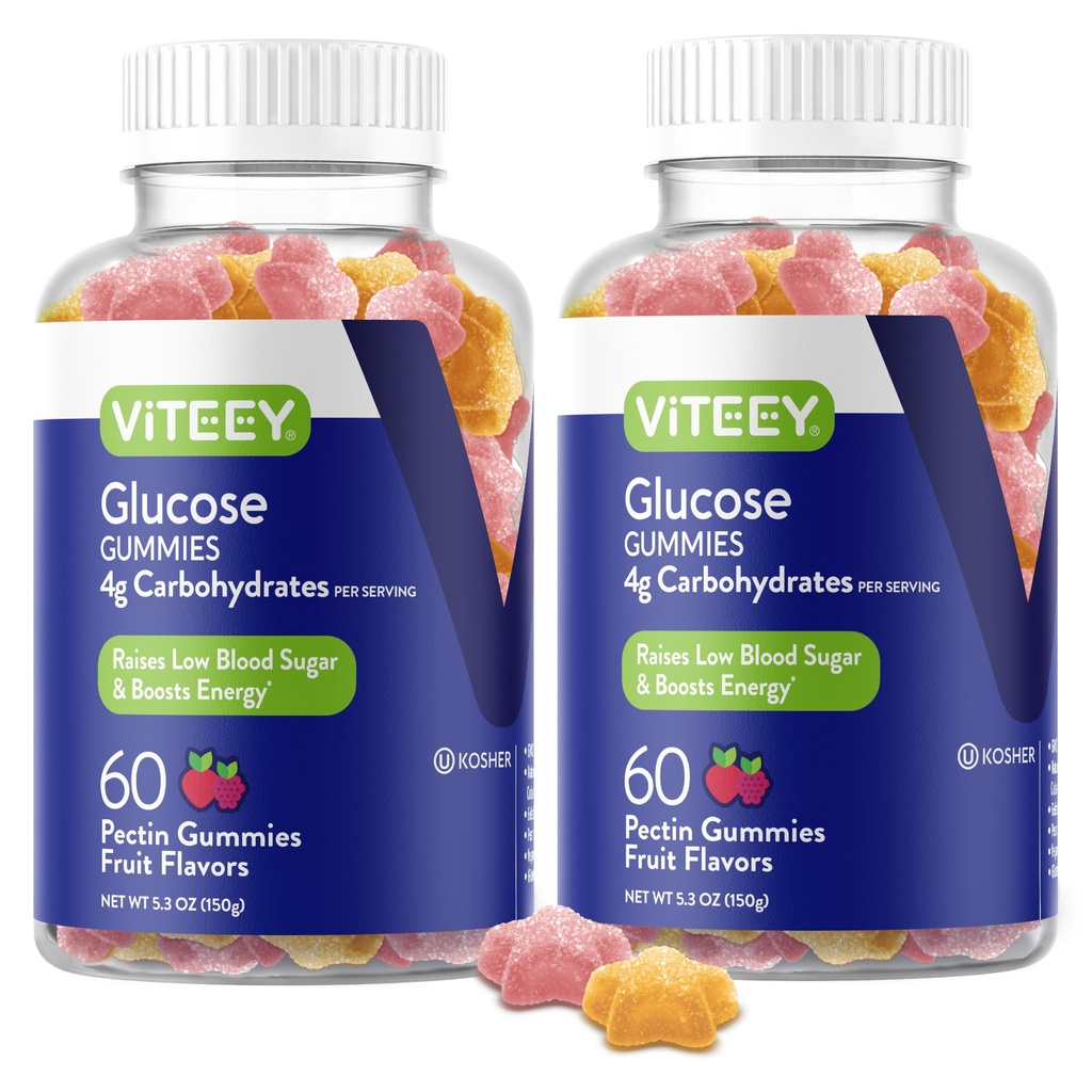 Viteey Glükoos Gummies - 4 g süsivesikuid - Glükoosi tablettide kiire tegutsemine - energia ja veresuhkru toetus - Vegan, Gluteenivaba, želatiinivaba - 120 krahv