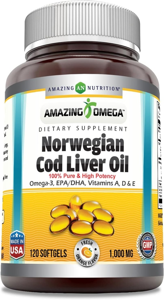 Amazing Omega Norra tursamaksaõli (Omega-3, EPA/DHA) täiendus | 1000 Mg per Serving | 120 Softgels | Orange Flavor | Non-GMO | Gluteenivaba | Valmistatud USA-s