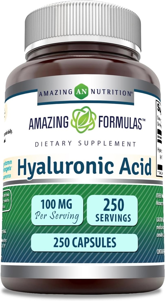 Hämmastav valem Hüaluroonhape 100mg 250 kapslit Täiendus | Mitte GMO | Gluteenivaba | Valmistatud USA-s