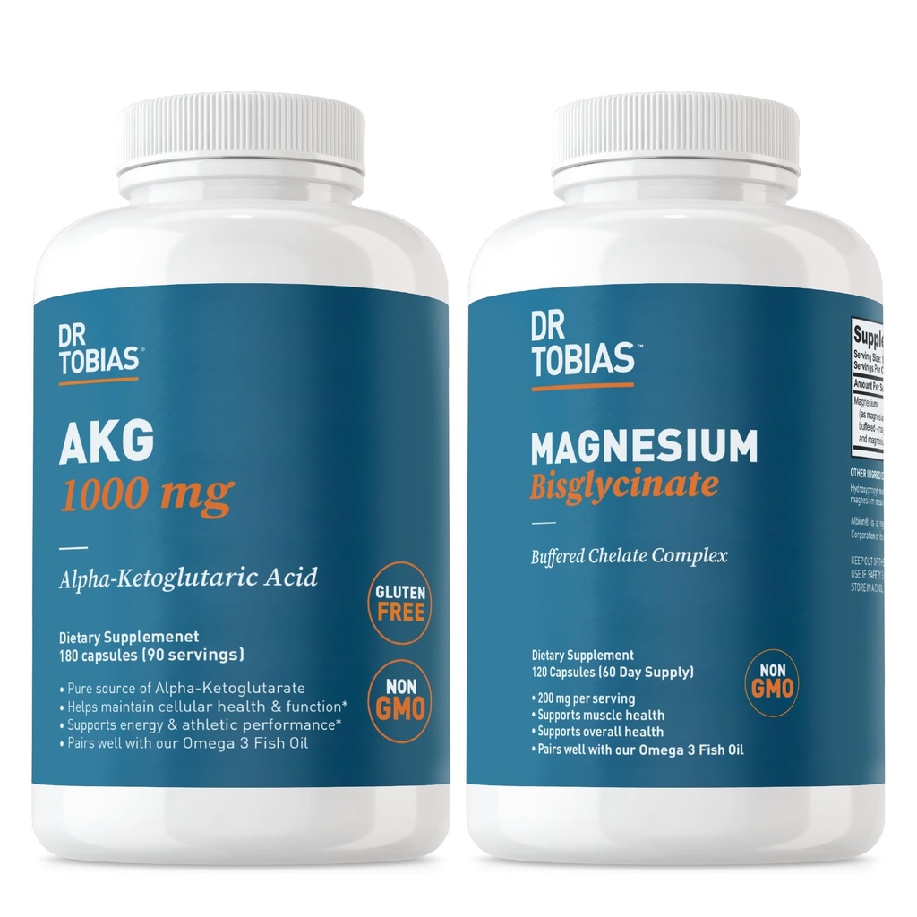 Dr Tobias AKG täiendus ja magneesiumi bisglütsinaat - energiataseme, lihaste, närvide ja luude tervise toetamine suure imendumisega magneesiumi ja biosaadava AKG-ga, vegan, mitte-GMO