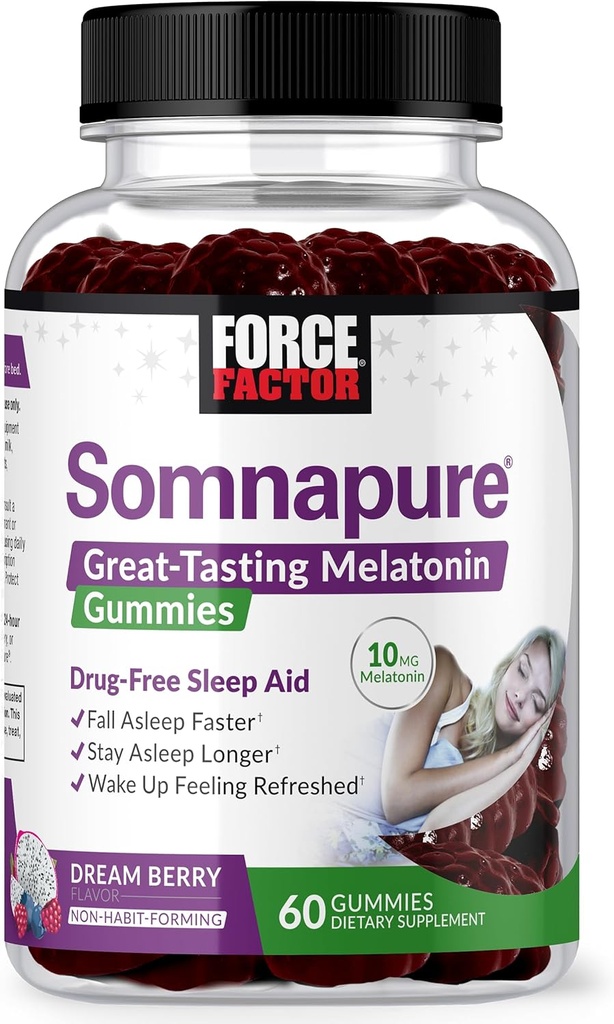 FORCE FACTOR Somnapure Gummies koos melatoniiniga 10 mg täiskasvanutele, mitte-Habit-forming, looduslik uneabi sügava une jaoks, viibige kauem, ärkage värskena, Dream Berry maitse, 60 Count (1. pakk)