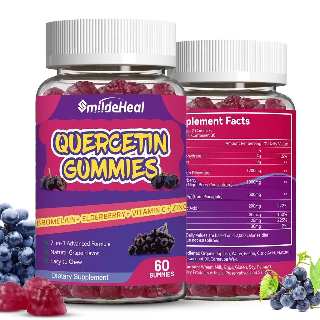 2 Pack Quercetin Gummies 1200MG, Quercetin Gummies Bromelain, Tsink Vitamiin C, Immuunsüsteemi Vegan Gummy täiskasvanutele & Kid, 120 Vegan
