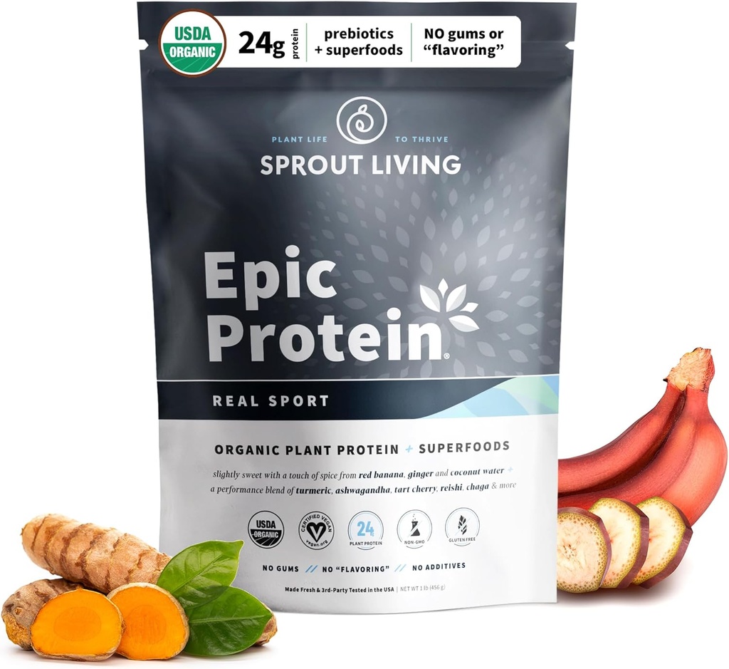 Sprout Living, Epic Protein, Taimne Valk & Superfoods Pulber, Real Sport | 24 Grams Orgaaniline Valgu Pulber, Taastamine, Vegan, Mitte Piimatooted, Mitte-GMO, Gluteenivaba, Madal suhkur (1 Nael, 12 Servings)