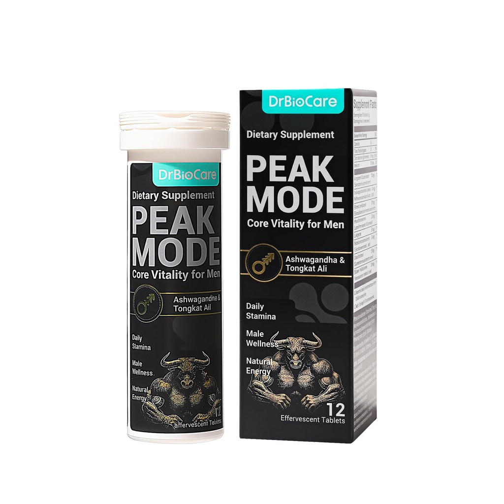 DrBioCare Peak Mode Core Vitality for Men 7-in-1 Effervescent Tablets | Tongkat Ali, Maca & L-Arginine，Ashwagandha, | Boost Stamina, Drive & Blood Flow for Good Performance | Berry Flavor 12 Tablets