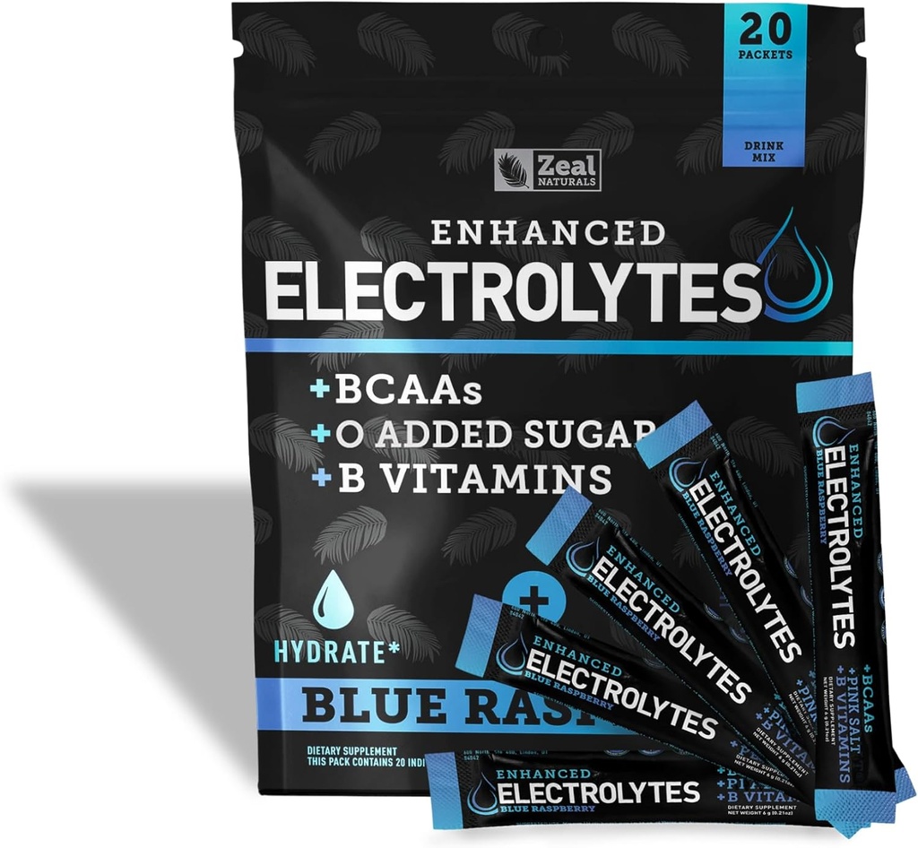 Täiustatud elektrolüütide pulbripulga pakendid (sinine vaarika | 20 pakendit) w/ 0 Suhkur +BCAA-d + B-vitamiinid Elektrolüütide lisand w kaaliumtsink & magneesium hüdreerimiseks - Ketoelektrolüüdid