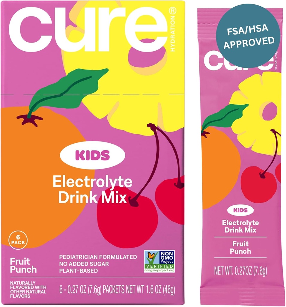 Cure Hydration - Kids Electrolyte Drink Mix | Plant-Based Pediatrician Formulated Rehüdration | No Added Sugar, FSA-HSA, Non-GMO, Gluteenivaba, No Artificial Maitsed | Box of 6 Packets - Fruit Punch