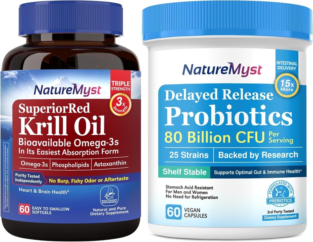 Krill Oil 1000mg ja probiootikumid Bundle, Omega 3s koos DHA EPA & Astaxanthin, Plus 80 miljardit CFU 25 tüved, soolestik, süda ja immuunfunktsioon, Non-GMO, valmistatud USAs, 60 Softgels + 60 kapslit