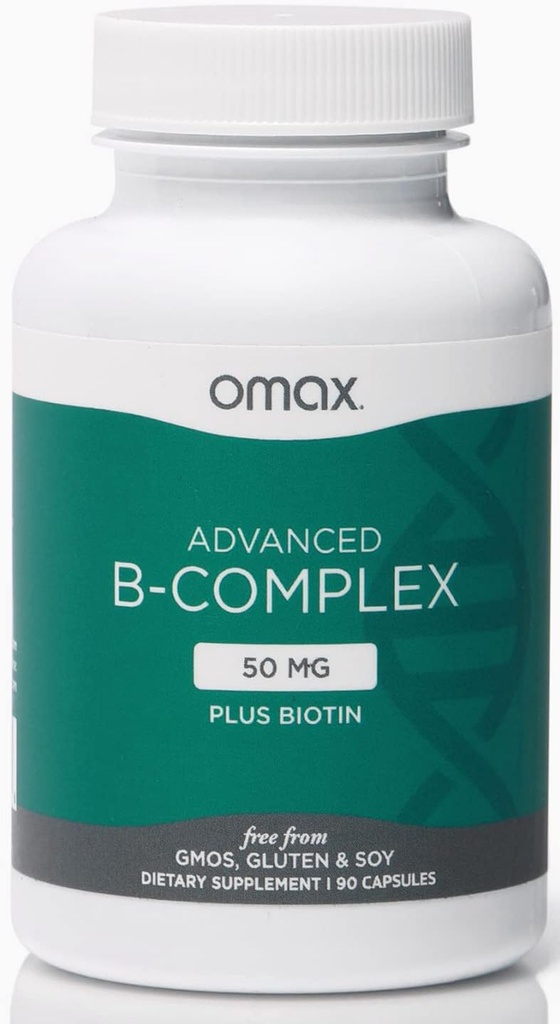 Omax3 täiustatud B-vitamiini kompleks 50MG biotiiniga | Tugevad ja läikivad juuksed, naha küüned, tugistress, immuunsus, energia ainevahetus, 90 kapslit