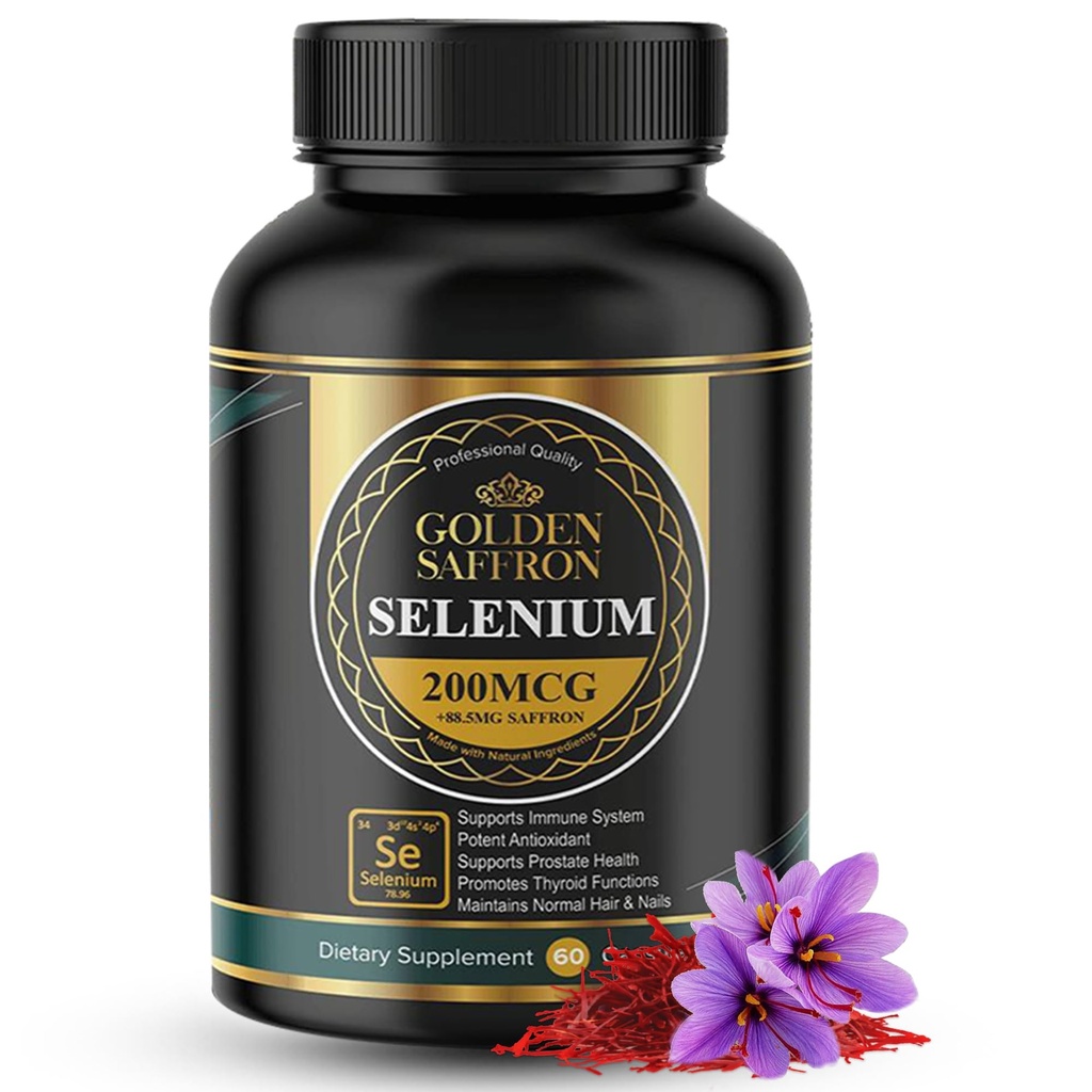 Kuldne safran Selenium (200 mg seleeni ja 88,5 mg safrani ekstrakt) - üldise tervise toetamiseks, mitte-GMO, gluteenivaba, piimavaba, ainulaadse ja täiustatud valemiga - valmistatud USAs ja maitsetu.