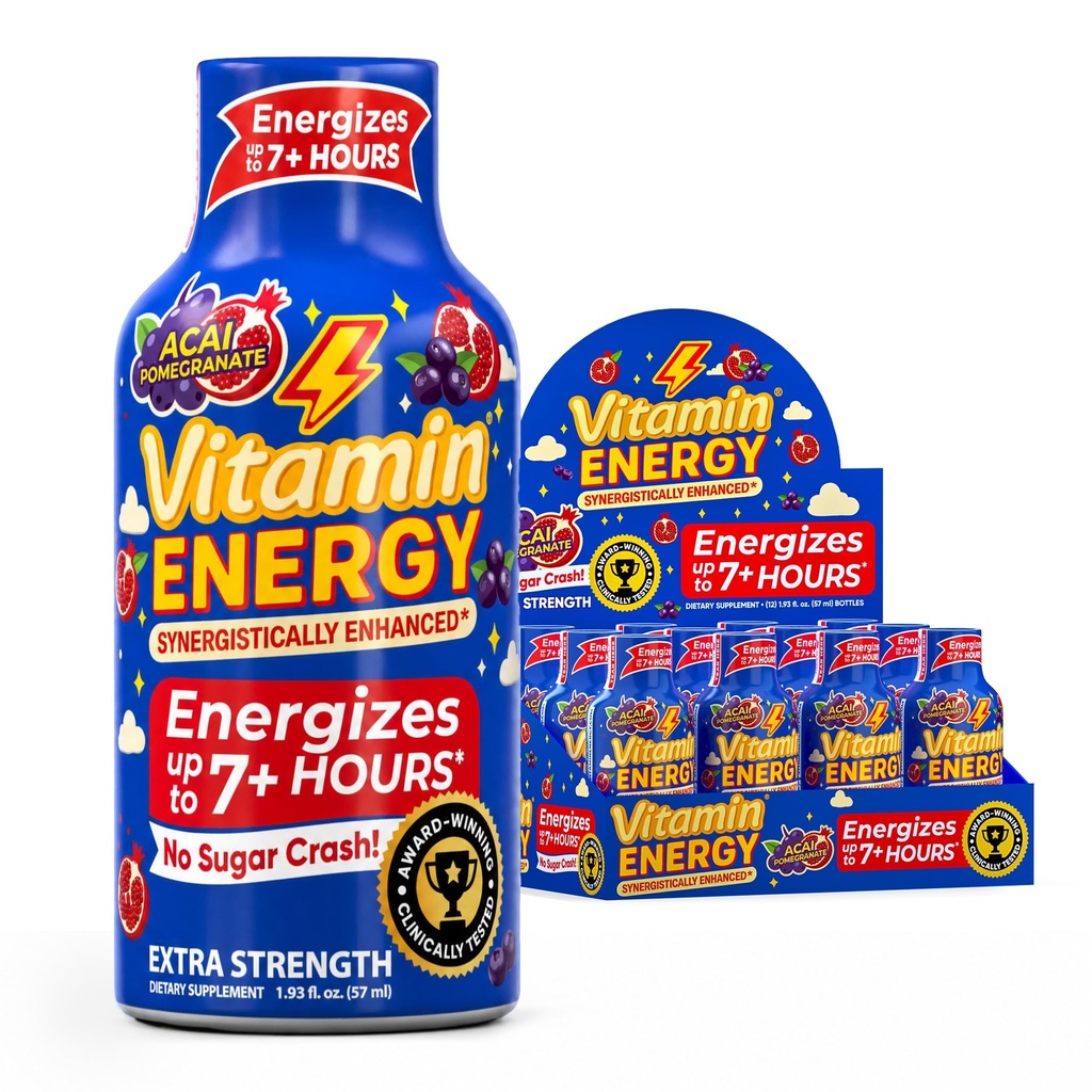 Vitamiin Energia B12 11 000% Extra Tugevus Energia Shot Açaí Granaatõuna 12 Pack, 260mg looduslik kofeiin, B12 & B6, Nootroopne fookus, Vitality, nullsuhkrut, Gluteenivaba, Vegan, Kosher, 1,93 fl oz