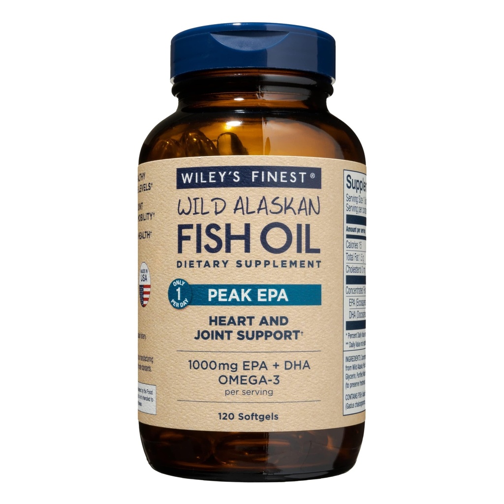 Wiley's Finest Wild Alaskan Fish Oil Peak EPA - Triple Strength Peak EPA & DHA Supplement - 1000mg Fish Oil - Omega-3s ühine tervisetoetus - 120 Softgels (120 Servings)