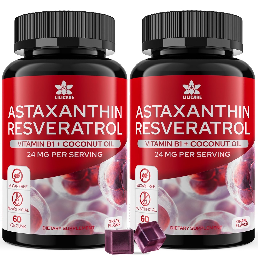 Astaksantiin täiendab 24mg Gummies koos Resveratrooliga, vitamiin B1, kookosõli - vetikate orgaanilised antioksüdandid meestele ja naistele Tervislik vananemine, nahk, silmad, immuunne - vegan, suhkruvaba, mitte-GMO, 120 serveerimist