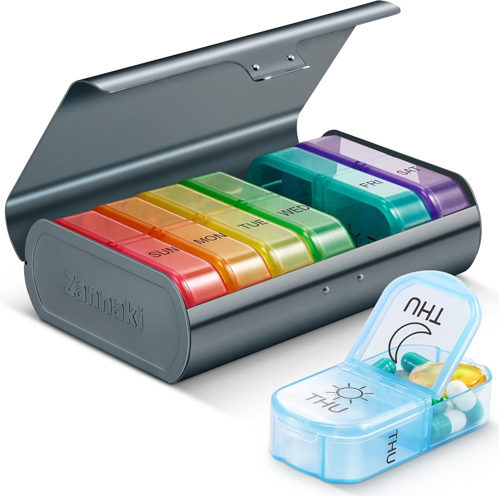 Zannaki Metal XL Weekly Pill Organizer 2 korda päevas, Big Travel Daily Pill Box 7 päeva, Portable Week Twice Pill Holder Container, AM PM Pill Case for Medicine Vitamiin Ravimid Supplement, Hall