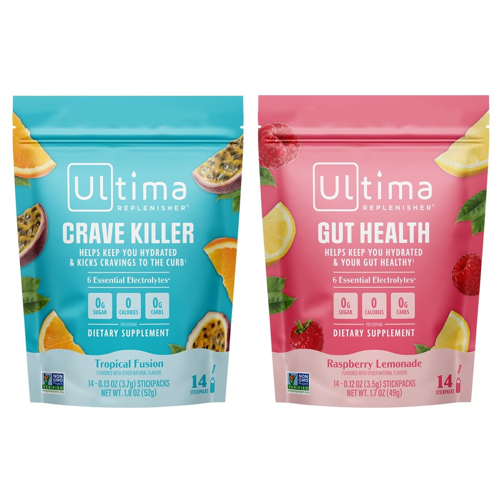 Ultima Replenisher Electrolyte Powder Drink Mix Bundle – Sugar Free – Crave Killer and Sot Health, 14 Stickpacks – 6 elektrolüüti ja mineraale – Keto Friendly, Vegan, Non-GMO