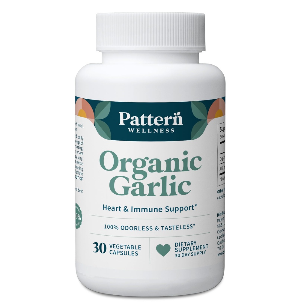 Pattern Wellness Lõhnatu orgaaniline küüslauk – 1000 mg – Immuun-, vereringe- ja südametervise tugi – mitte-GMO- ja gluteenivaba – 30 vegankapslit