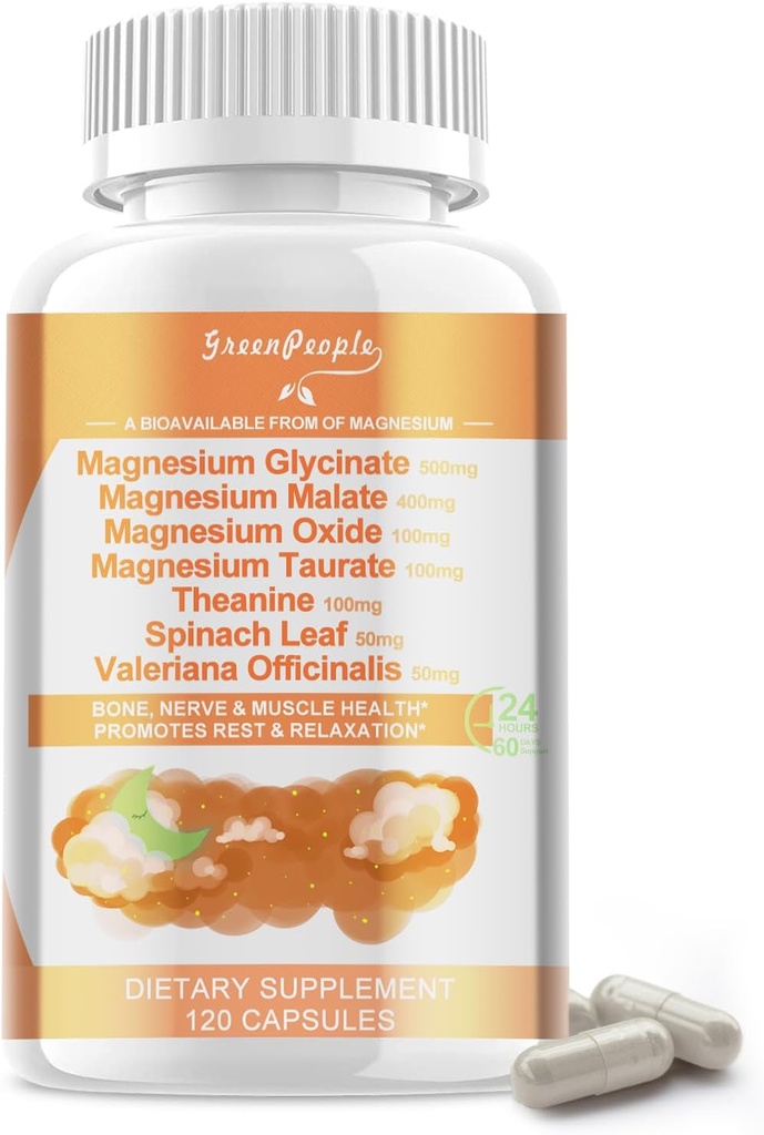 Magneesiumglütsinaat 500 mg ühe serveerimise kohta, malaat, tauraat ja oksiid, magneesiumi lisand lihastele, luudele, unele ja seedimisele, 120 vegankapslit, mitte-GMO