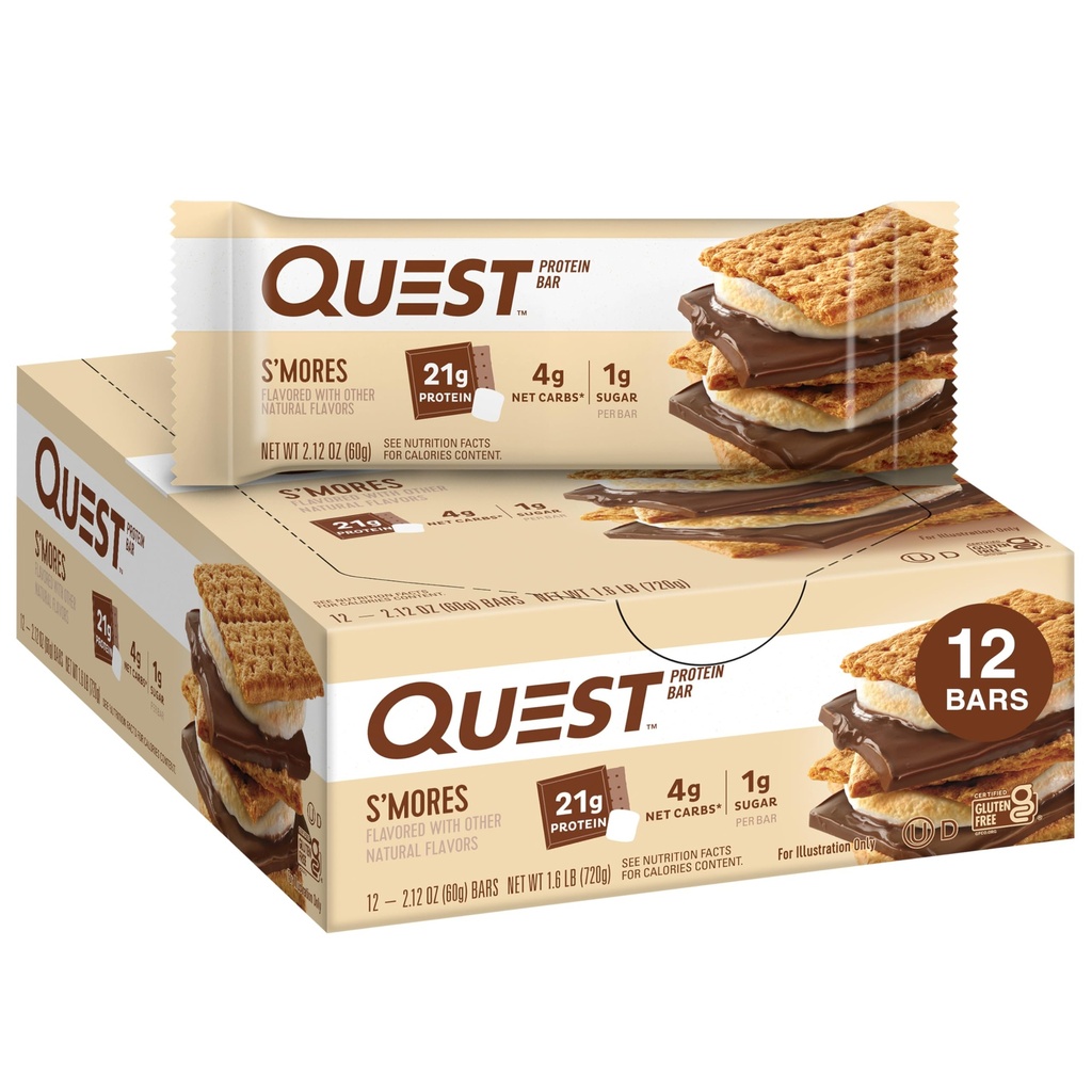 Quest Nutrition S'mores Protein Bars, 21g Valk, 1g Suhkur, 4g Net Carb, Gluteenivaba, Keto Sõbralik, 12 Count