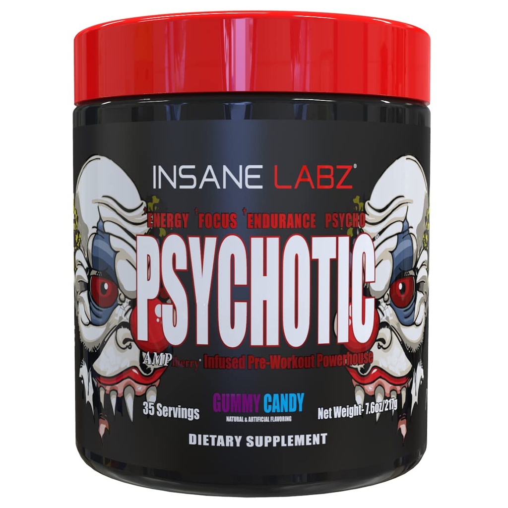 Insane Labz Psychotic, High Stimulant Pre Workout Pulber, Extreme Lasting Energy, Fookus ja vastupidavus Beeta Alanine, Kreatiin Monohüdraat DMAE, 35 Srvgs (Gummy Candy)