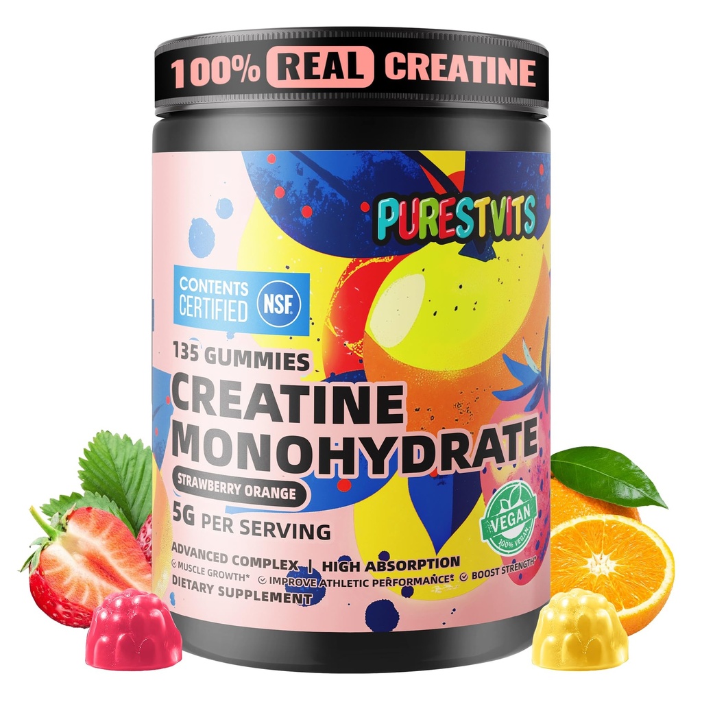 NSF Certified Kreatiin Gummy 5 g - Kreatiinmonohüdraat Gummies - Pre-Workout energia ja lihaste kasvu toetus meestele ja naistele | Maasika Orange Electrolyte Gummies (135 Count)
