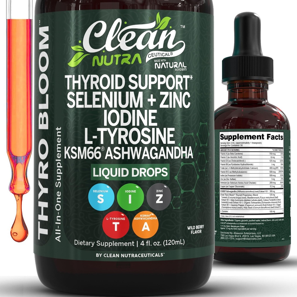ThyroBloom Kilpnäärme toetus naistele Vedelik tilgad Jood L-türosiin Selenium Vask Ashwagandha tsink Kelp Põletis Schisandra Guggul Turmeric Vitamiin A D3 B12 Folate Supplement by Clean Nutra 4oz