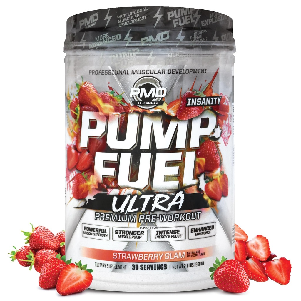 PMD Sport Pump Fuel Ultra Insanity - Premium Pre Workout Powder & Lihaspump, Greater Focus, Endurance & Recovery, Premium Kreatiin, Arginine & Beeta Alanine - Maasika Slam (30 Servings)