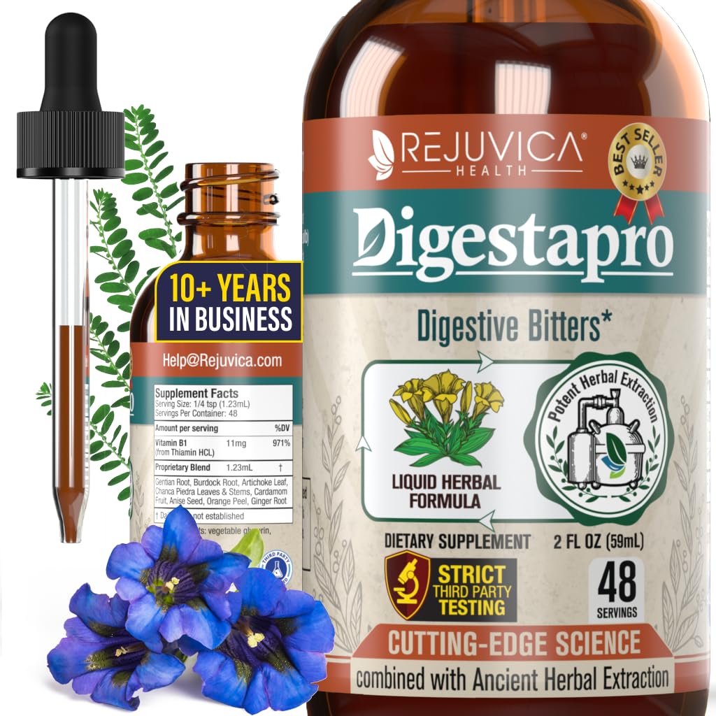 Rejuvica Health DigestaPro - Advanced Digestive Bitters Supplement - Vedelik kohaletoimetamine parema imendumise jaoks - Gentian, Artichoke, Burdock, Chanca Piedra, Ginger & More!