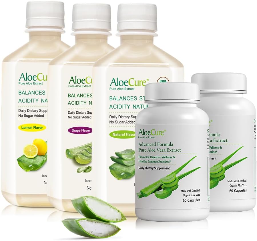 AloeCure Orgaaniline Aloe Vera Seedekomplekt - 5 Pack - Viinamarja, looduslik, sidrunimahl, 2pcsxAloe Vera kapslid 60caps