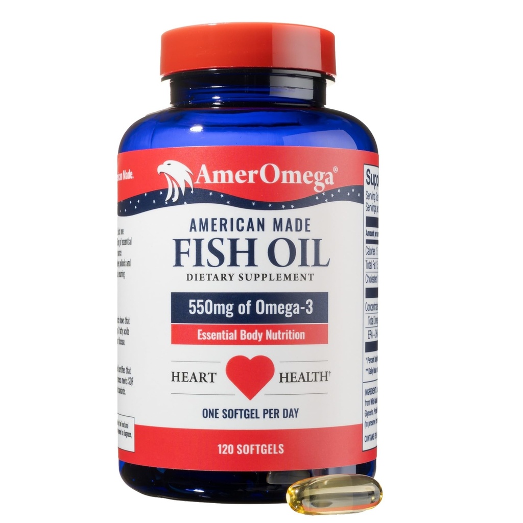 AmerOmega triglütseriid Omega-3 kalaõli südame tervise toetamiseks - looduslikult püütud Alaska Walleye Pollock - Ameerika päritolu, Ameerika valmistatud - mitte-GMO, Gluteenivaba ja piimavaba - 120 Softgels