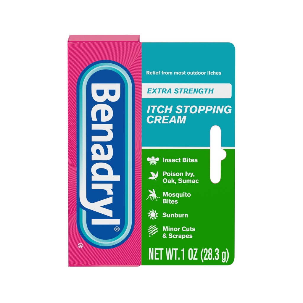 Benadryl Extra Strength Itch Stopping Cream, Topical Analgesic Cream with Diphenhydramine HCl & Zinc Acetate Skin Protectant, Anti-Itch Ointment for Insect Bite & Sunburn Relief, 1 oz