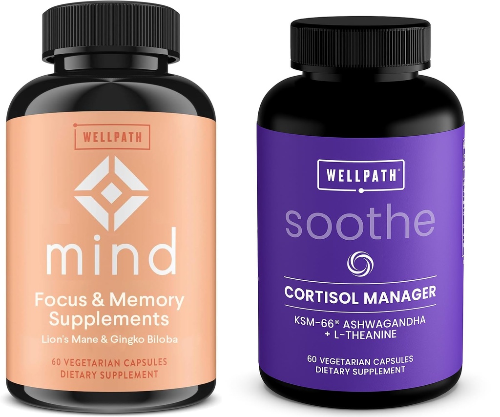 WellPath Mind Brain Täiendus Mälu Ja Keskendumine Lõvi Mane ja Soothe Cortisol Manager KSM-66® Ashwagandha & L-Theanine