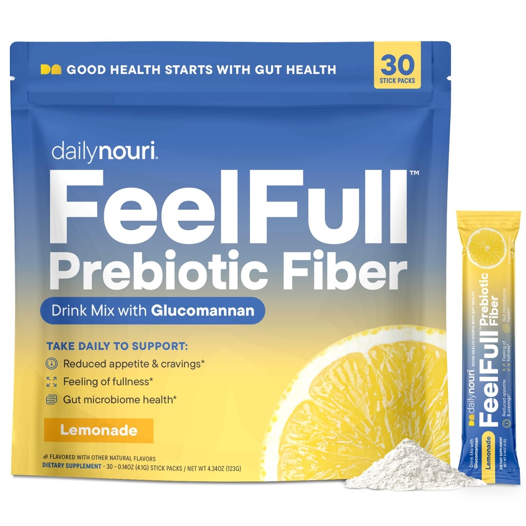 Daily Nouri FeelFull Prebiootilise kiudaine joogisegu | Toetab loomulikku täiskõhutunnet, isu ja isu kontrolli, soolestiku ja ainevahetuse tervist | Oligofruktoos, Glucomannan & Chromium | 30 kleeppakendit