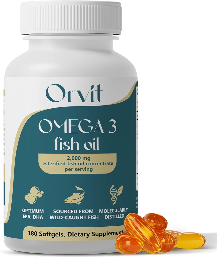 ORVIT Omega 3 Fish Oil Softgel 2000 mg - Ultimate EPA DHA Supplement meestele ja naistele - Burpless - No Fishy Maste - Maitsestamata 180 Softgels - Organic, Non GMO - Valmistatud USA-s