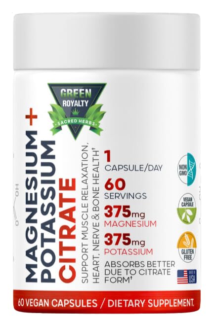 Magneesiumtsitraat + Kaalium 60 Premium Vegan Kapslid (tsitraat 375 mg) + (375 mg Kaalium) Mitte-GMO, Gluteenivaba - Kõrge imendumise täiendus valmistatud USAs