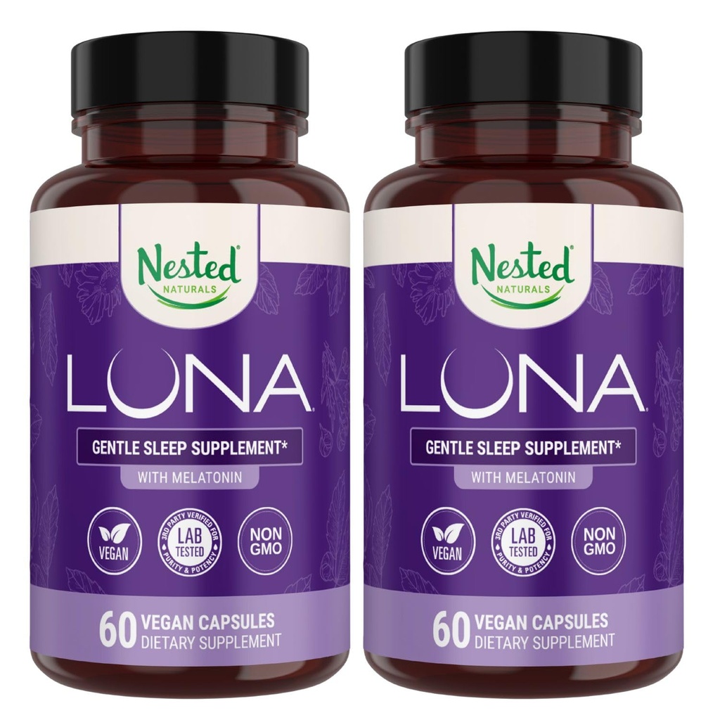 Nested Naturals Luna Uneabi - Loodusliku päritoluga koostisosadega täiskasvanutele mõeldud looduslikud unepillid - Valerian Juur, Melatoniin, Kummel, Sidrun Balm ja Rohkem - 120 Vegan Kapslit