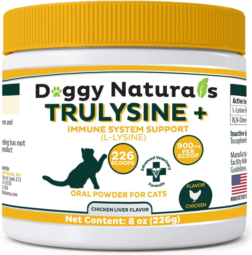 Trulysine Plus L-Lysine kassidele Immune Support Oral Powder 8oz/226g - Kassid ja kassipojad igas vanuses, aevastamine, Runny Nose Squinting, Watery Eyes Kana Maksa maitse (USA)(226 Grams (900mg / Scoop))
