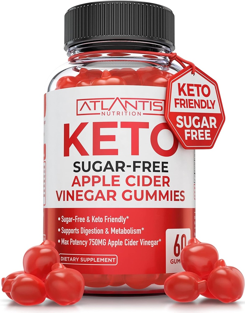 Atlantis Nutrition Sugar-Free Keto ACV Gummies for Weight Los - Õunasiidri äädikakummid Formuleeritud 750MG ACV per Serving - Toetab seedimist, Kaalulangus, Detox & Cleansing - 60 Count