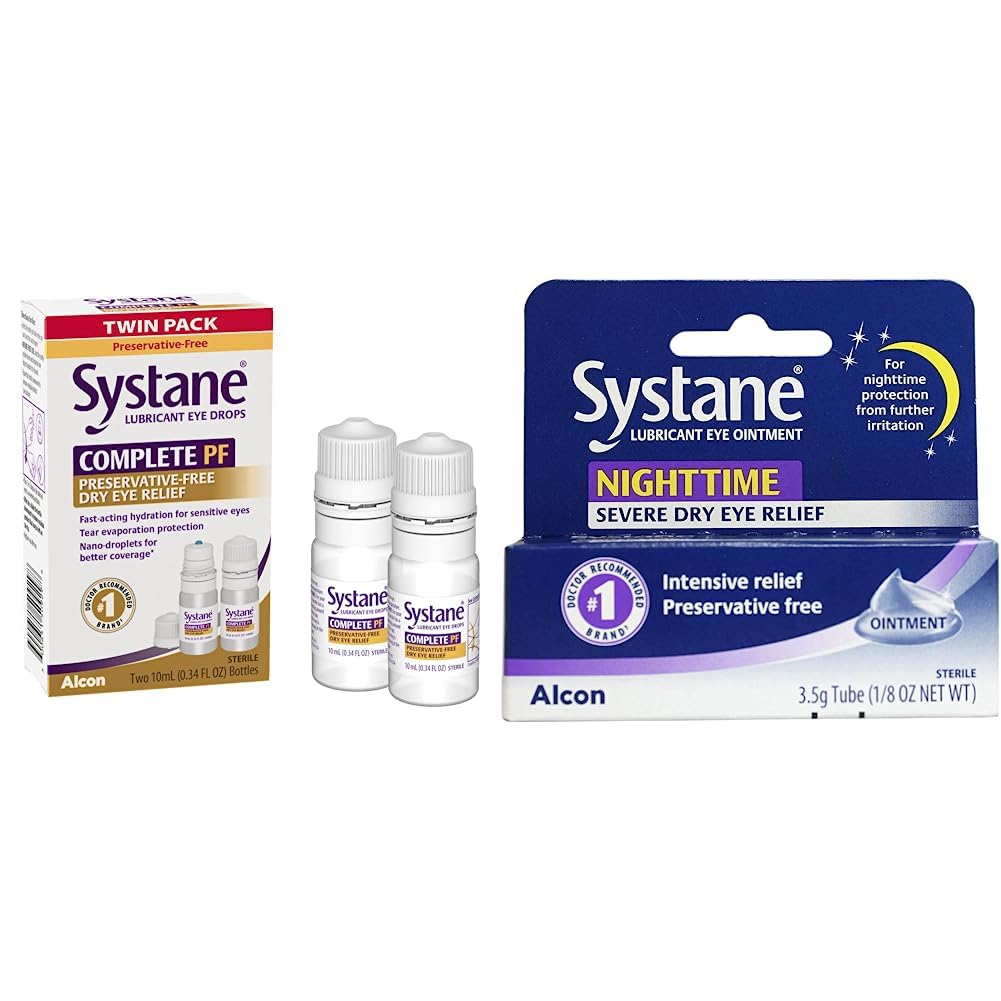 Systane COMPLETE PF mitmeannuseline säilitusaine tasuta kuiv silmatilgad 20 ml (2...10 ml pudelit) (pakend võib varieeruda) ja Systane Nighttime määrdeaine silma salv 3, 5 g Tube Bundle