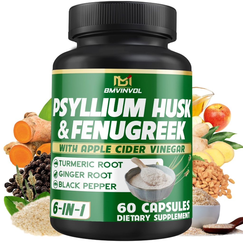 BMVINVOL Psyllium Husk Fiber Supplement t koos lambaläätse, Õunasiidri äädika, kurkum, ingver, must pipar- Seedimise Tervis Support - 60 kapslit