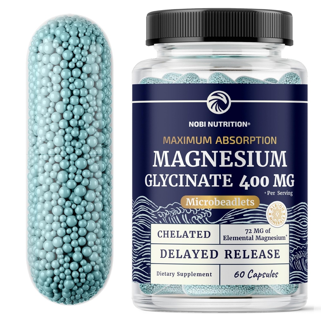 Magneesiumglütsinaat 400mg | Kõrge neeldumine Magneesium une, rahu, lihaste lõõgastamiseks, südame, luude ja närvide toetamiseks naistele ja meestele | Advanced Microbeadlets | Kelate Mag Glycinate | 60 Ct.