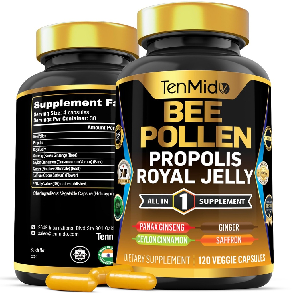 Bee Pollen Kapslid täiendus - 7in1 Valem - Kombineerige Propolis, Royal Jelly, Panax ženšenn, Ceylon Cinnamon, Ingver ja Safran - Seedetrakti Tervis, Immune Support - 120 kapslit
