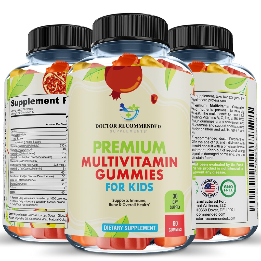 Premium multivitamiini kummid väikelastele ja lastele - närimiskõlblikud igapäevased vitamiinid A, C, D3, E, B6, B12, biotiin - kõrge fruktoosisisaldusega koron-siirup või kunstlikud magusained - 60 kummi, 30-päevane pakkumine