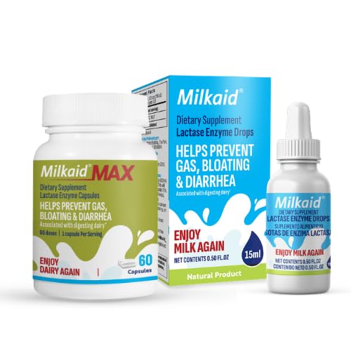 Milkaid laktaasi ensüümi tilgad laktoositalumatuse & Max laktaasi ensüümikapslid | Kiire toimega piimaseedevedeliku täiendus | 0,50 FL.OZ. & 60 kapslit 9000 ALU