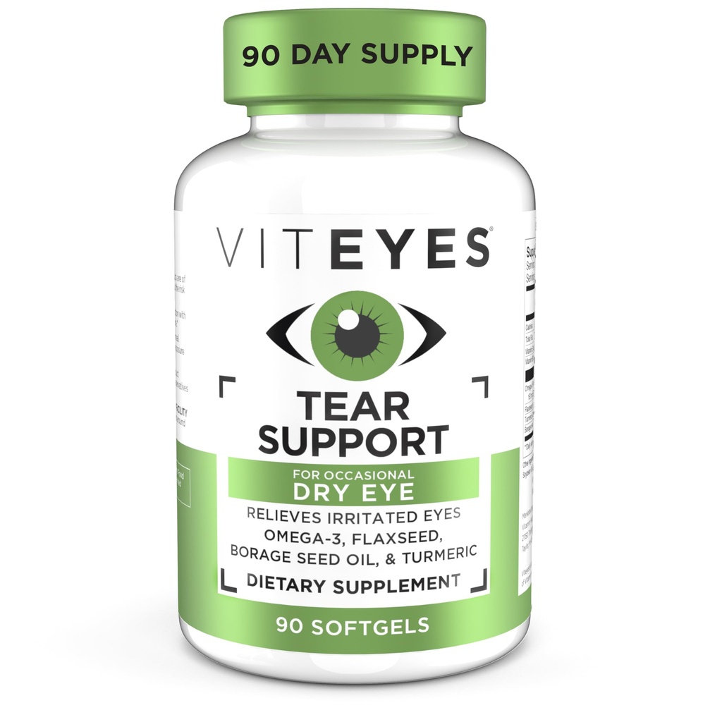Viteyes Tear Support Silma rahustav segu, aeg-ajalt kuiva silma lisand, silmatilkade puudumine, punetus, silmavitamiin, allergia sügelevate silmade toetamine, Omega-3 kalaõli, 90 Softgels
