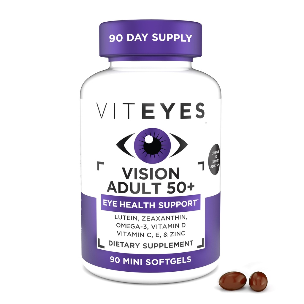 Viteyes Vision vanuses 50 Plus silma tervisele, nägemise toetamine, vananevad silmad, luteiin, Zeaksantiin, Omega-3, tsink, C-vitamiin, D-vitamiinid, E-vitamiinid, silmaarsti usaldatud, toodetud USAs, 90 Ct