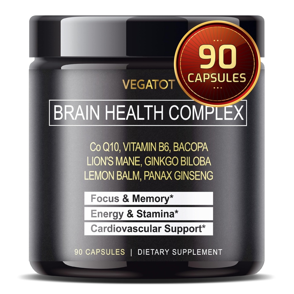 VEGATOT Ajuvõimendaja Aju tervisekompleksi täiendus, mis on kontsentreeritud CoQ-10 VIT B6 Lõvi Mane Ginkgo Biloba Sidrun Balm Ginseng - fookusmälu energia