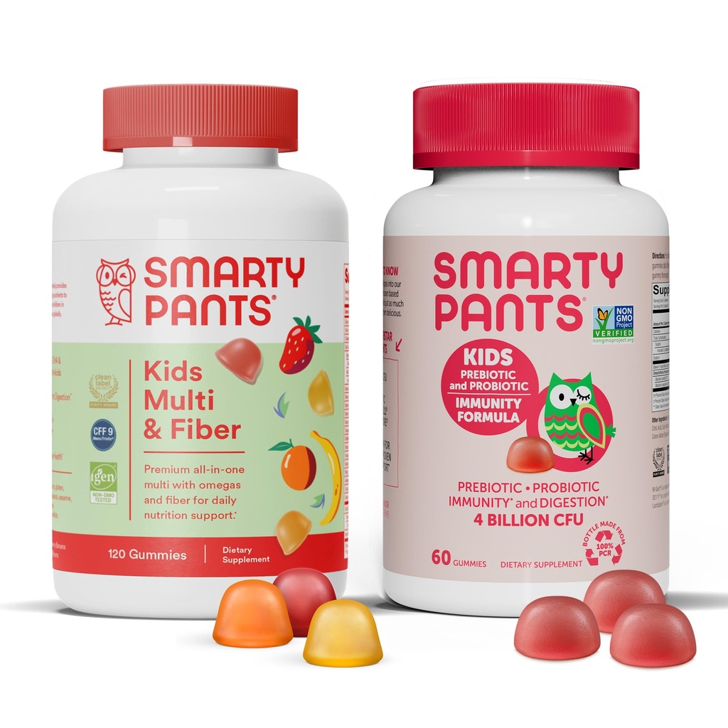 SmartyPants Kids Multivitamiin Fiber Supplement Gummies ja probiootiline immuunsus Bundle: Omega 3 kalaõli (EPA / DHA), vitamiin D3, C, vitamiin B12, B6, seedetrakti ja immuunsüsteemi tugi (30 päeva pakkumine)