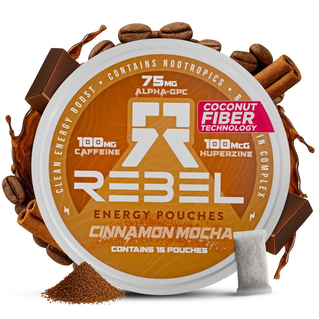 Rebel Nootroopne energia Kofeiinikotid (Cinnamon Mocha) • 100 mg Kofeiini • Alpha GPC • Huperzine A & Essential Vitamiinid • Suhkruvaba • Kookoskiud Tehnoloogia • 15 Pouches Per Can (Pack of 1)