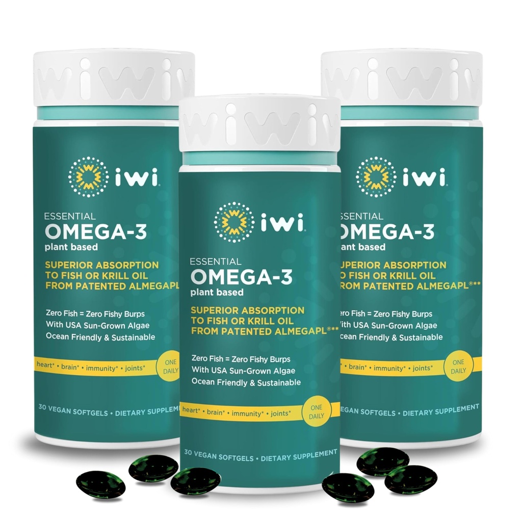 Iwi Omega-3 Essential, 90 Softgels (90 Servings), Taimepõhised vetikad Omega 3 koos EPA + DHA, aju, südame ja immuunsuse toetuse toidulisandiga, Krill & Fish Oil Alternatiivne, Ei Kala maitse